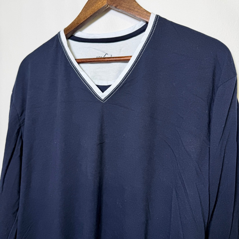 Van Laack Lufthansa Mens XL Navy Blue V-Neck Long Sleeve Shirt Cotton Blend